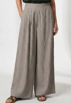 Pantaloni de vara din in cu croiala ampla si pliuri in talie, bej inchis imagine