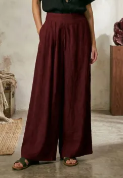 Pantaloni de vara din in cu croiala ampla si pliuri in talie, bordo imagine