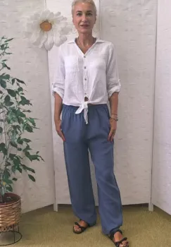 Pantaloni de vara, drepti, din in, cu siret in talie, albastru jeans imagine