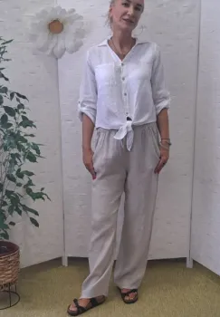 Pantaloni de vara, drepti, din in, cu siret in talie, bej imagine