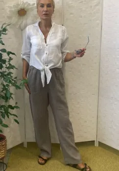 Pantaloni de vara, drepti, din in, cu siret in talie, bej inchis imagine