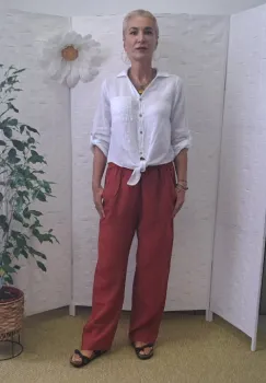 Pantaloni de vara, drepti, din in, cu siret in talie, caramizii imagine