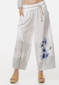 Pantaloni de vara largi din in alb cu imprimeu floral artistic imagine