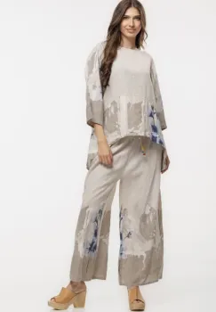 Pantaloni de vara largi din in bej cu imprimeu floral artistic imagine