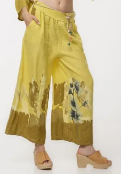 Pantaloni de vara largi din in galben cu imprimeu floral artistic imagine