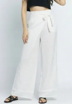 Pantaloni din in petrecuti, croi amplu, talie ajustabila, stil natural elegant, albi imagine