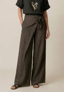 Pantaloni din in petrecuti, croi amplu, talie ajustabila, stil natural elegant, maro imagine