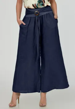 Pantaloni drepi, largi, de vara, din in, cu accesoriu de lemn, bleumarin imagine