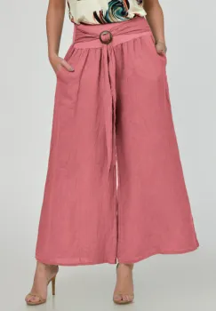 Pantaloni drepi, largi, de vara, din in, cu accesoriu de lemn, roz inchis imagine