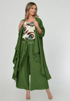 Pantaloni drepi, largi, de vara, din in, cu accesoriu de lemn, verde oliv imagine