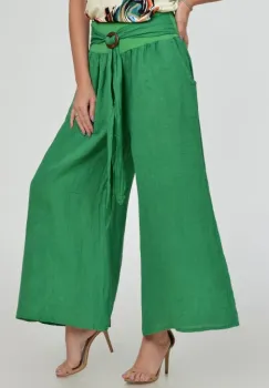 Pantaloni drepi, largi, de vara, din in, cu accesoriu de lemn, verzi imagine