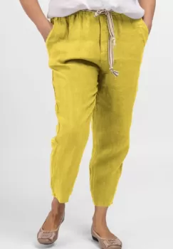 Pantaloni galben din in, pana, cu snur alb imagine