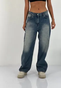 Pantaloni jeans denim croiala larga, albastru prespalat imagine