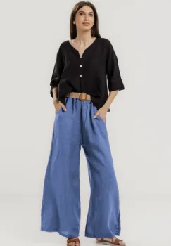 Pantaloni largi de vara, din in alnstru jeans cu croi lejer si curea din sfoara imagine