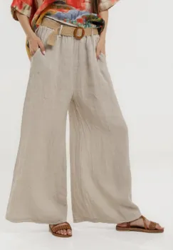 Pantaloni largi de vara, din in bej cu croi lejer si curea din sfoara imagine