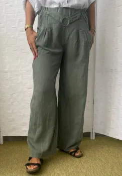 Pantaloni largi de vara din in, cu cerc metalic, kaki imagine