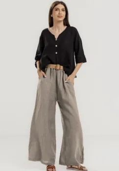 Pantaloni largi de vara, din in cu croi lejer si curea din sfoara, bej inchis imagine