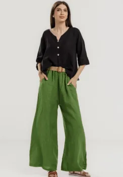 Pantaloni largi de vara, din in cu croi lejer si curea din sfoara, verde oliv imagine