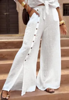 Pantaloni largi de vara, din in, cu nasturi decorativi din lemn pe picior, albi imagine