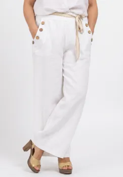 Pantaloni largi de vara, din in, cu nasturi din lemn la buzunare, albi imagine
