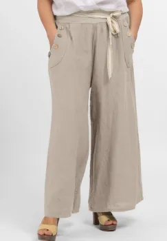 Pantaloni largi de vara, din in, cu nasturi din lemn la buzunare, bej imagine