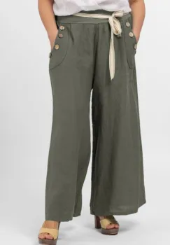 Pantaloni largi de vara, din in, cu nasturi din lemn la buzunare, kaki imagine