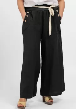 Pantaloni largi de vara, din in, cu nasturi din lemn la buzunare, negri imagine