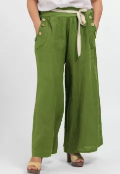 Pantaloni largi de vara, din in, cu nasturi din lemn la buzunare, verde oliv imagine