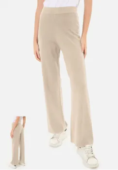 Pantaloni largi si drepti, casual, din tricotaj fin, bej imagine