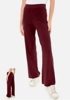 Pantaloni largi si drepti, casual, din tricotaj fin, bordo imagine