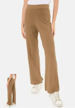 Pantaloni largi si drepti, casual, din tricotaj fin, camel imagine