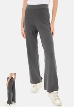 Pantaloni largi si drepti, casual, din tricotaj fin, gri imagine