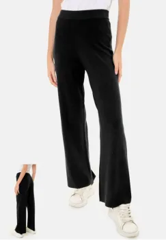 Pantaloni largi si drepti, casual, din tricotaj fin, negri imagine