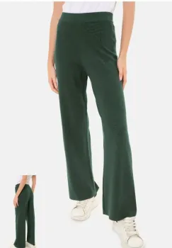 Pantaloni largi si drepti, casual, din tricotaj fin, verde inchis imagine