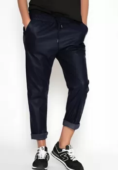 Pantaloni lungi bleumarin din piele ecologica cu snur in talie imagine