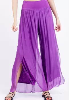 Pantaloni mov din matase naturala cu crapaturi laterale imagine