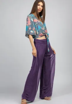 Pantaloni mov inchis din matase naturala, tip salvari imagine