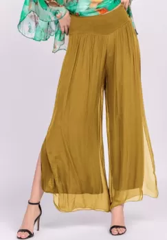 Pantaloni mustar din matase naturala cu crapaturi laterale imagine