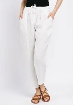 Pantaloni pana din in, cu siret in talie, albi imagine