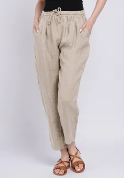 Pantaloni pana din in, cu siret in talie, bej imagine