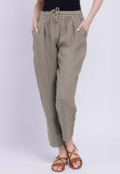 Pantaloni pana din in, cu siret in talie, bej inchis imagine