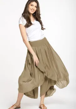 Pantaloni petrecuti din matase naturala camel, tip salvari imagine