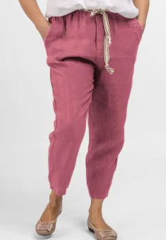 Pantaloni roz inchis din in, pana, cu snur alb imagine