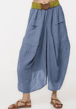 Pantaloni tip salvari din in, croiala asimetrica si buzunare, albastru jeans imagine