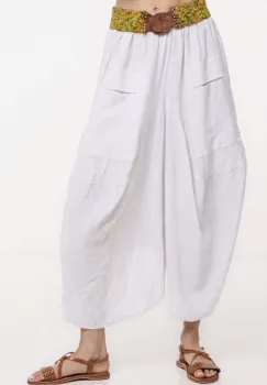 Pantaloni tip salvari din in, croiala asimetrica si buzunare, albi imagine