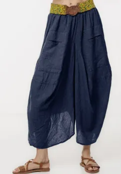 Pantaloni tip salvari din in, croiala asimetrica si buzunare, bleumarin imagine