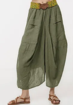 Pantaloni tip salvari din in, croiala asimetrica si buzunare, kaki imagine