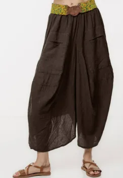 Pantaloni tip salvari din in, croiala asimetrica si buzunare, maro imagine