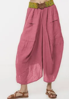 Pantaloni tip salvari din in, croiala asimetrica si buzunare, roz inchis imagine