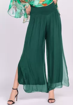 Pantaloni verde inchis din matase naturala cu crapaturi laterale imagine